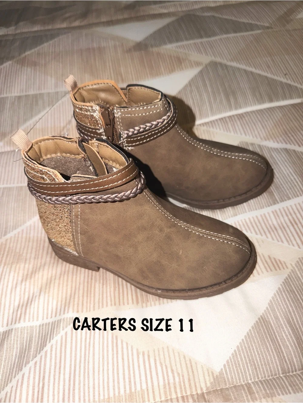 Carter's Tan and Gold Glittery  Braided-Trim Kids Ankle Boots NWOT SZ11